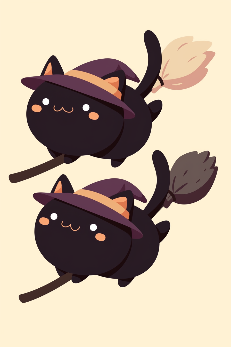 cute halloween drawings for kids, featuring two adorable black cats wearing witch hats, one with a broom and the other with a magical brush.